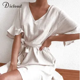 DICLOUD Casual Solide Baumwolle Leinen Kleider Frauen Sommer Kurzarm V-ausschnitt Mini Party Kleid Damen A-line Outfit 210611