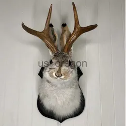 Decorative Objects Figurines Antlers Rabbit Head Statue Home Decoration 3D Abstract Sculpture Wall Hang Decor Animal Statues Living Room Mural Art Craft