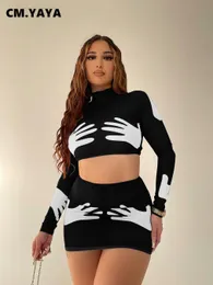 فستان من قطعتين CMYAYA Fashion Women Hand 3D Printed Bodycon Midi Mini Skirt Suit and Long Sleeve Crop Tee Top 2 Set Outfits 230627