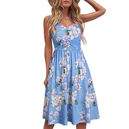 Grundläggande casual klänningar Summer Suspender Print Dress Womens Fashion Loose Sleeveless Pocket High Waist Female Street Wear 230627