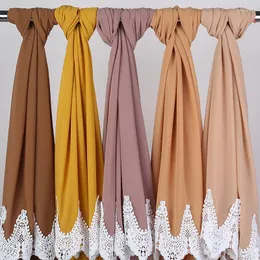 Halsdukar högkvalitativ bubbla tung chiffong wrap med vit broderad spets solider färg sjal pannband premium muslimska hijabs