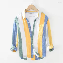 Men's Casual Shirts Men's 1931 Spring Summer Fashion Yarn Dyed Men's Bright Color Stripe Linen Shirt Fresh Style Hawaii Holiday