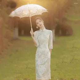 Etnik Giyim Çin Dantel Mandarin Yaka Cheongsam Bahar Vintage Kadınlar Düğme Zarif Uzun Elbise Qipao