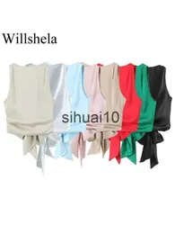 Women's T-Shirt Willshela Women Fashion With Bow Solid Pleated Backless Cropped Tank Tops Vintage O-Neck Sleeveless Female Chic Lady Tops J230627