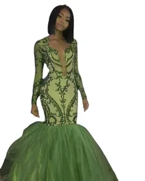 Vestidos de Baile Sereia Verde Oliva Preto Menina Mangas Compridas Decote Transparente Vestidos de Noite Tamanho Grande Vestidos de Noite com Lantejoulas Renda até o Chão Vestido Formal