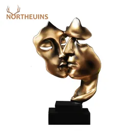 Decorative Objects Figurines NORTHEUINS 27cm Resin Kissing Couple Mask Figurines for Interior Golden Abstract Statue Home Office Living Room Decor Objects 230627