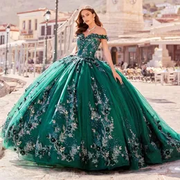 Smaragdgrünes Quinceanera-Kleid für das süße 16. Ballkleid, schulterfrei, Spitzenapplikationen, Stickerei, Festzug, Party, Prinzessin, Schnürung am Rücken