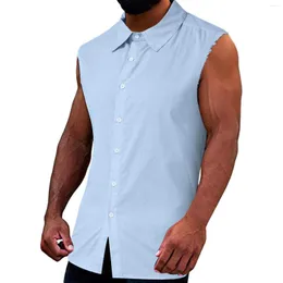 Men's Tank Tops Leisure Men's Cotton Linen 2023 Summer Casual Solid Color Buttoned Lapel Ripped Sleeveless Vest Shirt Fashion Chemise