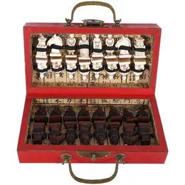 Schackspel kinesiska trä läderlåda med 32 stycken terrakotta figur schack set underhållning checkers schack traditionella spel 230626