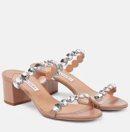 有名なブランドAquazzuras Women Maxi-Tequila Sandals Shoes Crytal Studs Stiletto Heels Flaty Pumps Dress Party Bridal Lady Sandalias EU35-43