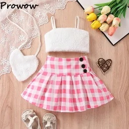 Clothing Sets Prowow Baby Girl Summer Outfit With Heart Bag Plush Tube Top Pink Plaid Skirt 3pcs For Girls Children Clothes 230626