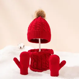 Boinas 2023 Malha Quente para Bebês Meninos Meninas Bonito PomPom Criança Gorros Boné Ao Ar Livre Outono Inverno Crianças Conjunto de Luvas de Cachecol de Malha para Crianças