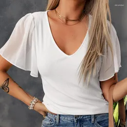 Kadın T Shirt İş Rahat V Yaka Yaz Kadın Üstleri Bayan Banliyö Tarzı Düz Renk Fırfır Kollu T-Shirt Kadın Giyim Moda Tees