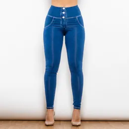 Shascullfites jeans smala fit stilfull strök för kvinnors hög midja push up jegings med knappar