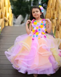 3D Kwiatowy Rainbow Flower Girls Sukienki na wesela Ball Suknia Perły urodziny Dzieci Dress Girl Controse suknie