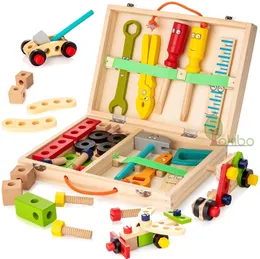 Tools Workshop Kids Wooden Toolbox Pretend Play Set Educational Montessori Toys Nut Disassembly Screw Assembly Simulation Repair Carpenter Tool 230626