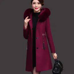 Fur 2022 New Winter Middleaged Women Mother Hooded Woolen Coat Female Casual Faux Big Fur Collar Cashmere Midlong Overcoats X20