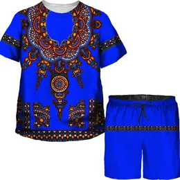 衣料品セット夏のレトロアフリカのプリントキッズトップスズボンスーツ部族スタイルのTシャツセット伝統的な衣装男の子の女の子トラックスーツ230627