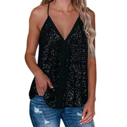 DIY Tankları Camis Vintage Seksi Kadın Sequin Sequin Sequeess Summeresole Summerole Sıradan V yaka tank üstleri moda gevşek kazak bluz sokak kıyafeti j230706