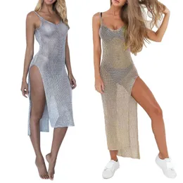 Casual Dresses Women Sexig Summer Sunscreen Sheer Mesh Bikini Cover Up Metallic Solid Color Backless High Slit Beach Club Party Sleeveless