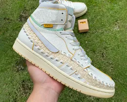 Union x 1 High OG Woven Basketball Shoes 1s Sail/Wolf Grey-Muslin-Pale Vanilla-Kinetic Green-University Gold Outdoor Sports Sneaker With Original Box