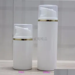 Verpackungsflaschen 100 Stück 100 ml weiße Airless-Vakuumpumpe Lotionsflasche mit Goldlinie und durchsichtiger Kappe 100 ml kosmetische Tropfenlieferung Offi Dhlwx