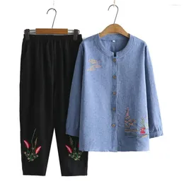 Women's Two Piece Pants Spring Summer Elderly Grandmother Sets Loose Cotton Blouse With Pieces Middle-aged Mother Cardigan Shirts Suit 5XL