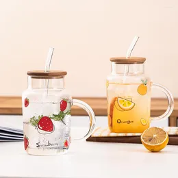 Vattenflaskor 480 ml Kawaii Glas Strawberry-flaska med halmvärmebeständig mjölk te kaffekopp bärbar för flickor barn