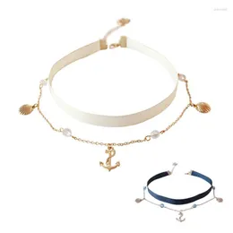 Choker Fashion Jewelry Double Chain Layer Crystal Blue White Ribbon Necklace Gold Color Shell Anchor For Women Girls