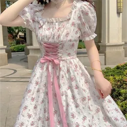 Elegant Floral Dress Women Lace Up Korean Princess Fairy Sweet Midi Dress Bandage Chic Designer Puff Sleeve Casual Dress Summer 220526