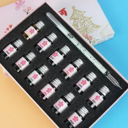 Pens 12 Constellation Glass Dip Pen and Ink Sets Hift Box Set 13PCS Signature Pens الطلاب الغمسون هدايا قرطاسية قلم رصاص زجاجي