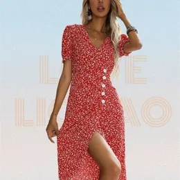 Fashion Red Printing Chiffon Dress Summer Floral Ruffle Short Sleeve Slim Vneck Irregular Long Dress Women Boho Dress 220526