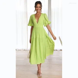 Party Dresses Dress For Women Casual Solid V-Neck High Waist Puff Sleeve Slim Medium Length Light Ripening Loose Hem Female Longuette