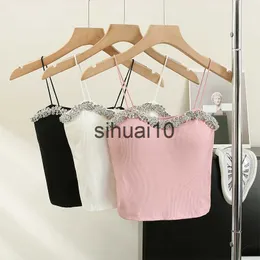 Kvinnors t-shirt Summer Basic Crop Top kvinnor lappade falska diamanter vadderade mjuka velor tankar ärmlös tee toppkamisol med bra J230627