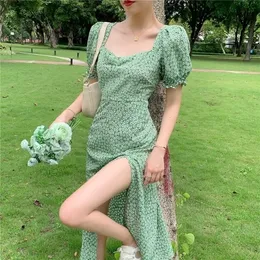 Summer Floral Bohemia Dress Women French Style Chiffon Split Fairy Dress Female Sexy Elegant Beach Boho Korean 220526