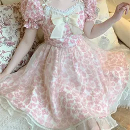 Spets lolita tryck klänning kvinnor franska y2k lapptäcke söta fest miniklänningar kvinnliga rosa båge sommarblommor kawaii klänning 220526