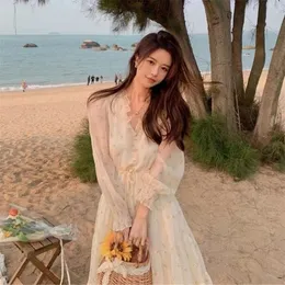 Elegant Sweet Retro Dress Women Long Sleeve Chiffon Vneck Floral Dresses Party Beach Dress for Females Korean Style Summer 220526