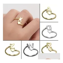 Band Rings A-Z 26 Letter Stainless Steel Open Love Heart Shaped Gold Engagement Jewelry For Men Women Drop Delivery Ring Dhnir