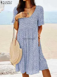 ZANZEA Floral Impression Robe D'été Femmes À Manches Courtes O-cou Robes Bohème Vacances Casual Plage Robe Genou Longueur Robe D'été L230619