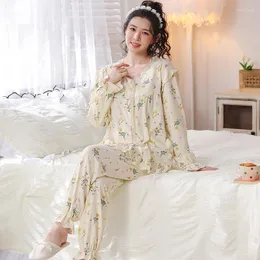 Kadın Pijama Kadın Küçük Çiçek Pijama Takımı Büyük Metre Pijamas Mujer Sonbahar Tatlı Sevimli Prenses Uzun Kollu Hırka V Yaka Gecelikler