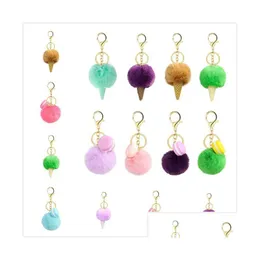 Keychains Lanyards 27 Styles Aron/Ice Cream Rabbit Fur Ball Keychain Pompom Key Chain Car Keyring Women Holder Bag Pendant Drop De Dhcok