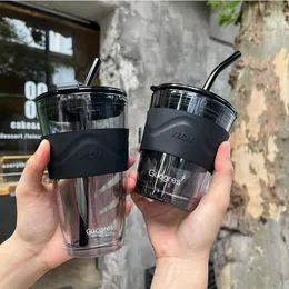 Muggar 350/450 ml Creative Glass Coffee Straw Cup värmebeständiga Watter-flaskor med lock Beer Tea Kitchen Home Drinkware Mug Par