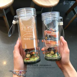 Creative Micro Landscape Min granne Totoro Portable Glass Cartoon Korea Härliga kvinnliga studenter Isolerade Double Water Bottle L230620