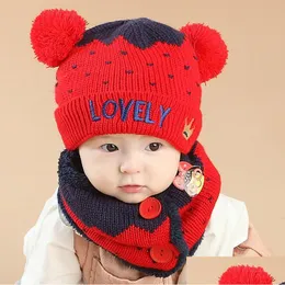 Party Hatts Baby Hat Suit In Autumn and Winter Childrens Crown Love Wool Ball Sticked Cap med för värme Vind Kall skydd Drop D Dhsut