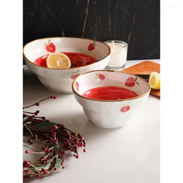 Bowls Creative Strawberry Printed Ramen Noodles Bowl Fruit Desserts Under Glazed Ceramic Mixing Soup 1158ml
