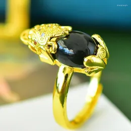 Pierścienie klastra Naturalne czarne jades pixiu feng shui ring Regulowane kobiety akcesoria biżuterii Lucky Fengshui pi xiu mantra amulet