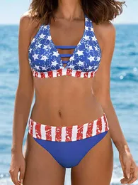 Kvinnors badkläder Sexig amerikansk flagga ihålig Halter Bikini Set Swimsuit For Women High midja Retro Print Kvinnlig baddräkt Beach