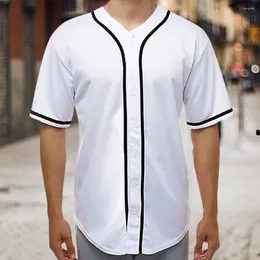 Herr t-skjortor män sommar t-shirt lösa korta ärmar baseball uniform färg matchande knappar enkelbröst mittlängd