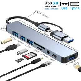 4/5/7/8 Bağlantı Noktası 2'si 1 arada USB C Genişletici USB3.0 Hub Tip C Bölücü Dock Multiport Ses Adaptörü PC için USB Genişletici