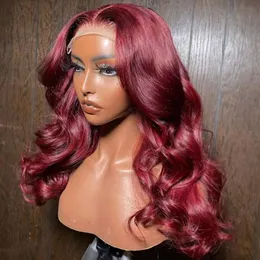 Perruques avant en dentelle colorées pour femmes perruque de vague de corps vin rouge perruque frontale en dentelle transparente pré-plumée avec des cheveux de bébé